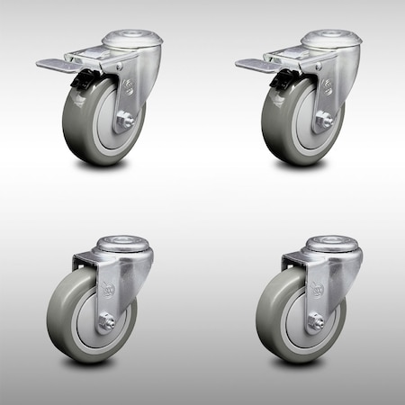 Service Caster 4 Inch SS Gray Polyurethane Swivel Bolt Hole Caster Set with 2 Total Lock Brake SCC-SSBHTTL20S414-PPUB-2-S-2